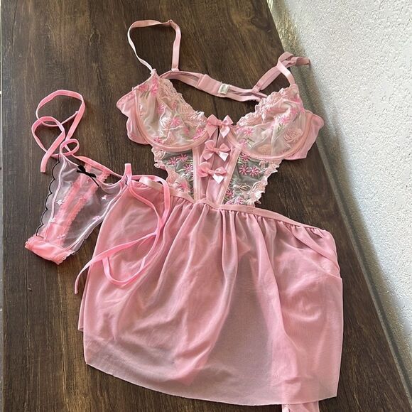 New Sexy Floral Embroidery Mesh Split Cut Out Lingerie Dress with G String - Picture 16 of 16